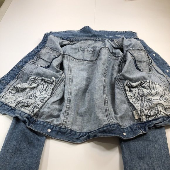 American Eagle Womens XS Jean Denim Jacket Short Length Distressed Button Front - Picture 8 of 11